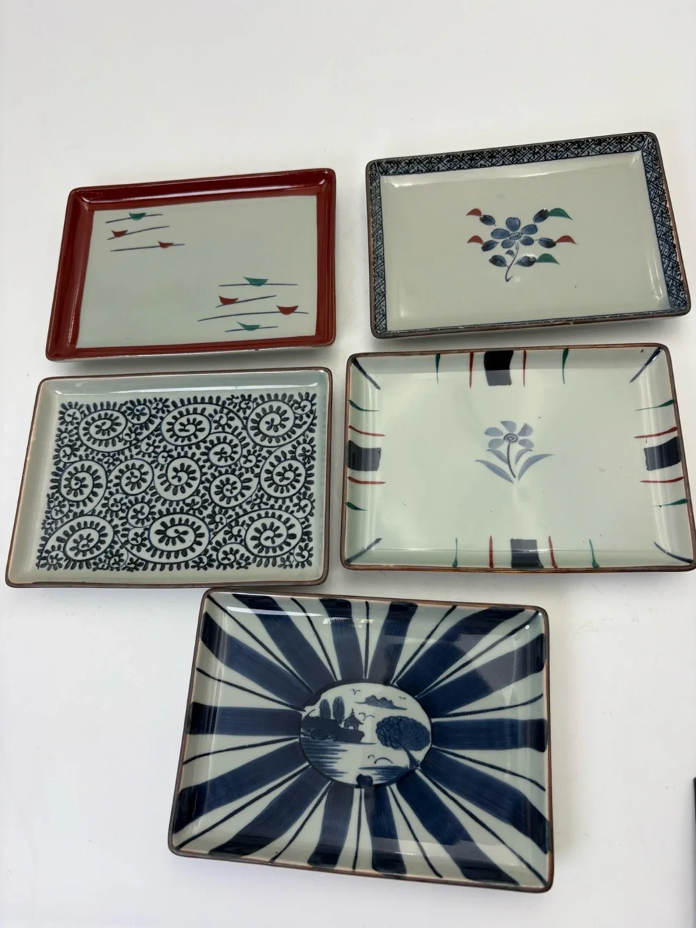 Arita Hand-Painted Ceramic Rectangular Sushi Dish Set - 5 Dishes in Box